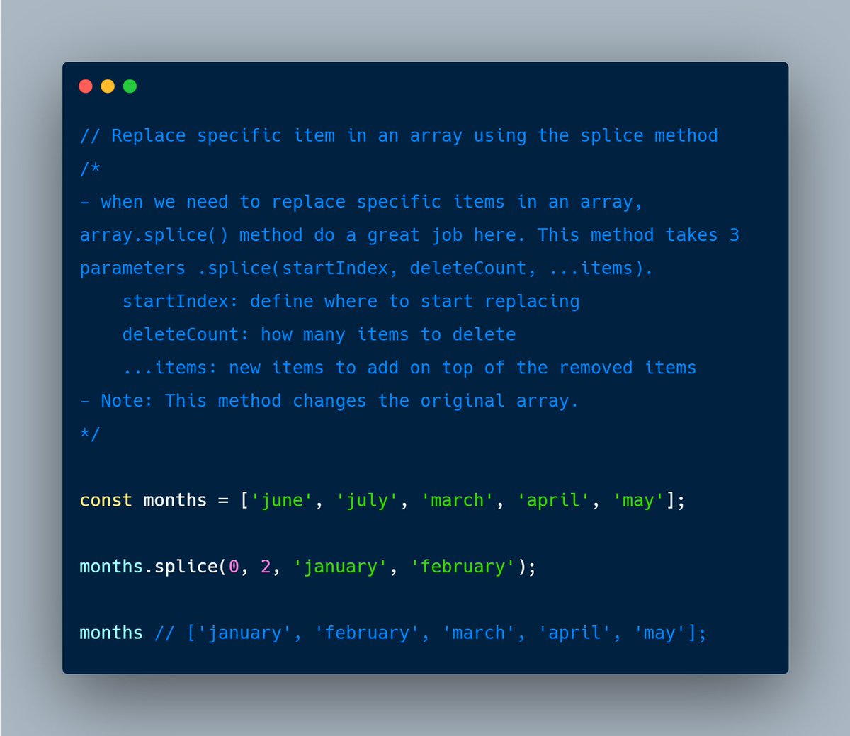 jisanmia47's tweet image. Replace specific item in an array using the splice method
#javascript #arrayMethod