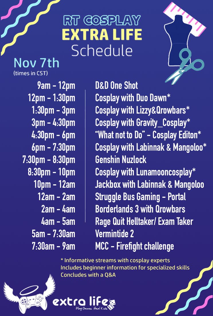 C3Cooperative's tweet photo. Tomorrow is the big day! #ExtraLife 2021!! Let's gather together #changekidshealth for the annual #RTExtraLife and blow our $5000 goal out of the water! Now presenting our RT Cosplayers Schedule of events! We hope to see you there and keep these tags flowing!! #KidsCantWait https://t.co/9UHq1WE3kZ