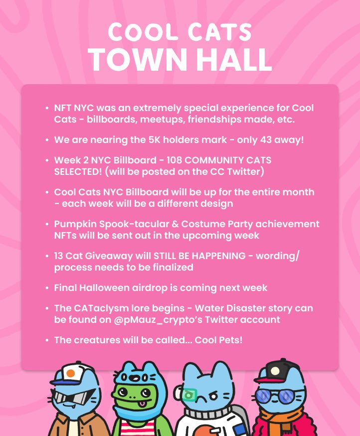 coolcats's tweet photo. 📖 TOWN HALL - 11/5/21 📖

This Town Hall we were introduced to some lore… the CAT-aclysm! AND to Cool Pets which will open opportunities for more people to become a part of the CC community in many different ways! Quest season is coming… 👀🐱💙 https://t.co/FKqlODdyg6