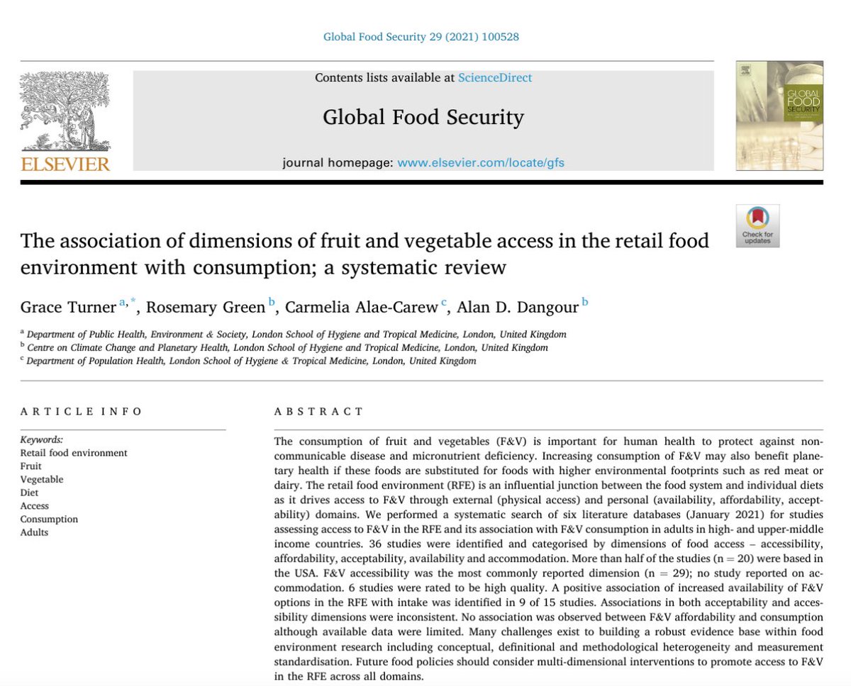 How and across what dimensions are fruits &amp; vegetables accessed in various retail #foodenvironments? A recent review in <a href="/Journal_GFS/">Global Food Security</a> by researchers at <a href="/LSHTM_Planet/">Centre on Climate Change & Planetary Health, LSHTM</a> <a href="/LSHTM/">London School of Hygiene & Tropical Medicine</a> explored:
sciencedirect.com/science/articl…