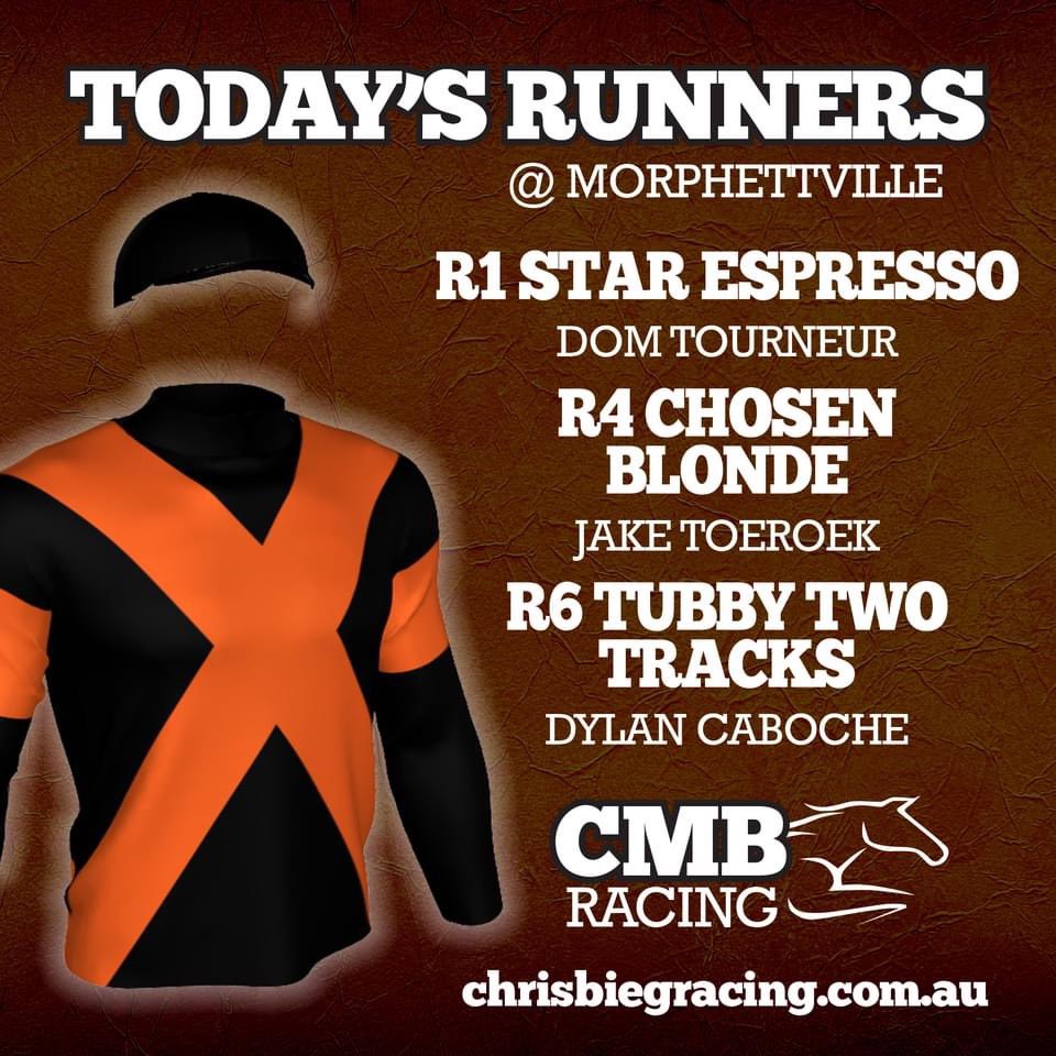 RacingCmb's tweet photo. We head to @SAJockeyClub today 

R1 STAR ESPRESSO to take huge benefit from today's tough 1st up assignment

R4 Talented CHOSEN BLONDE returns, only had one jump out &amp; has ear muffs today to help settle

R6 TUBBY TWO TRACKS back to 1400m, looking for improvement

Good luck 🏇🧡🖤 https://t.co/mfBEBtlNzu