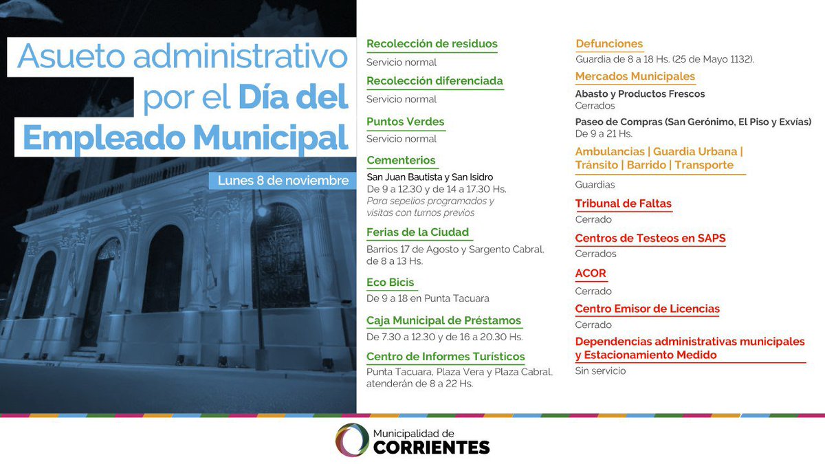 municorrientes's tweet photo. Así funcionarán los servicios y dependencias municipales el lunes, asueto administrativo por el Día del Empleado Municipal ⬇️ https://t.co/qGWkMwQDOu