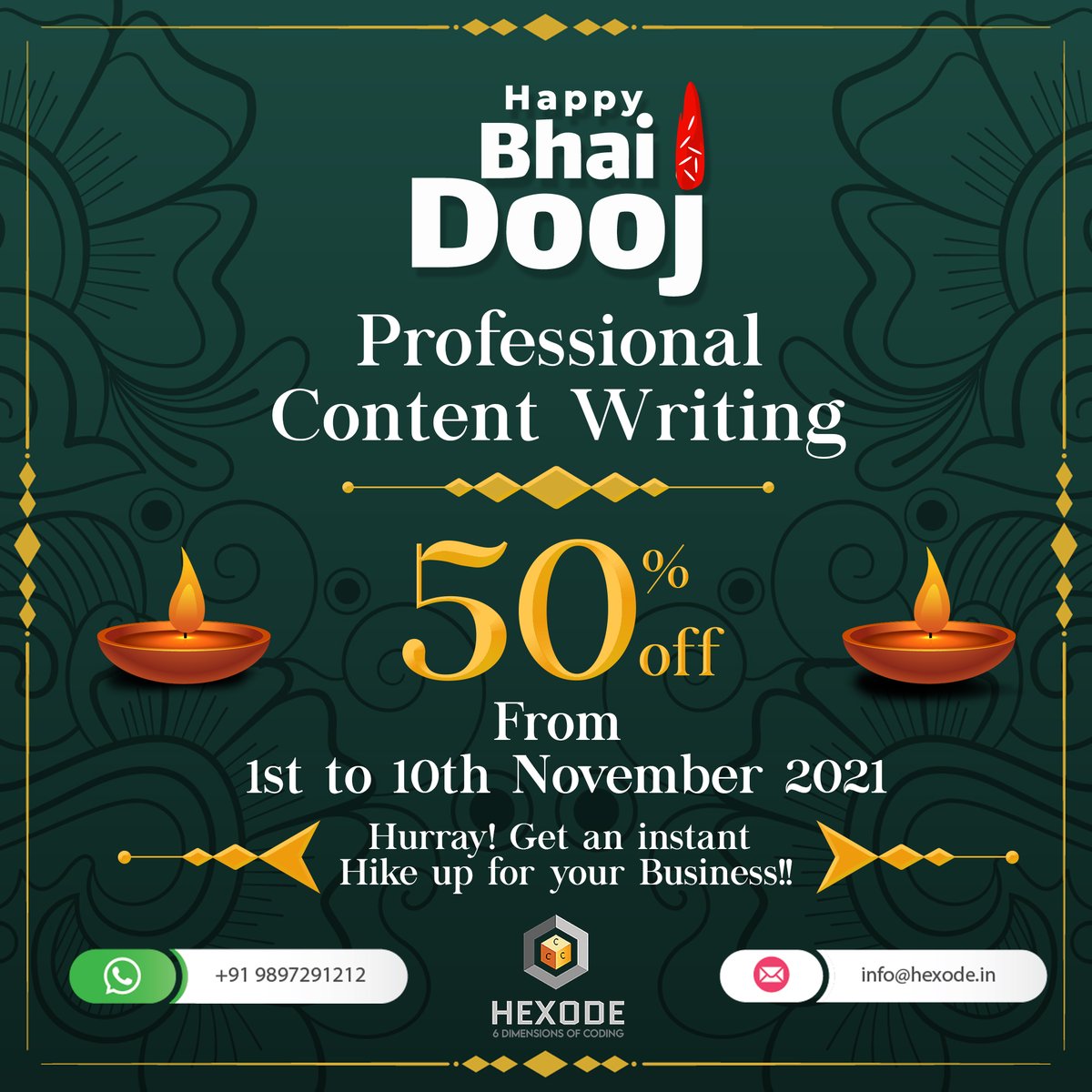 hexodeitsoln's tweet photo. let's celebrate the festival with us.

Upto 50% Offer on All services.

Best wishes to Bhai Dooj!

#bhaidooj #bhaidoojoffers #contentwritingservices
#contentwriting #professionalcontentwriting

WhatsApp/📞 +919897291212
📩 info@hexode.in
🌐 https://t.co/jd4lRXRUeU https://t.co/7qNcllbEQ0