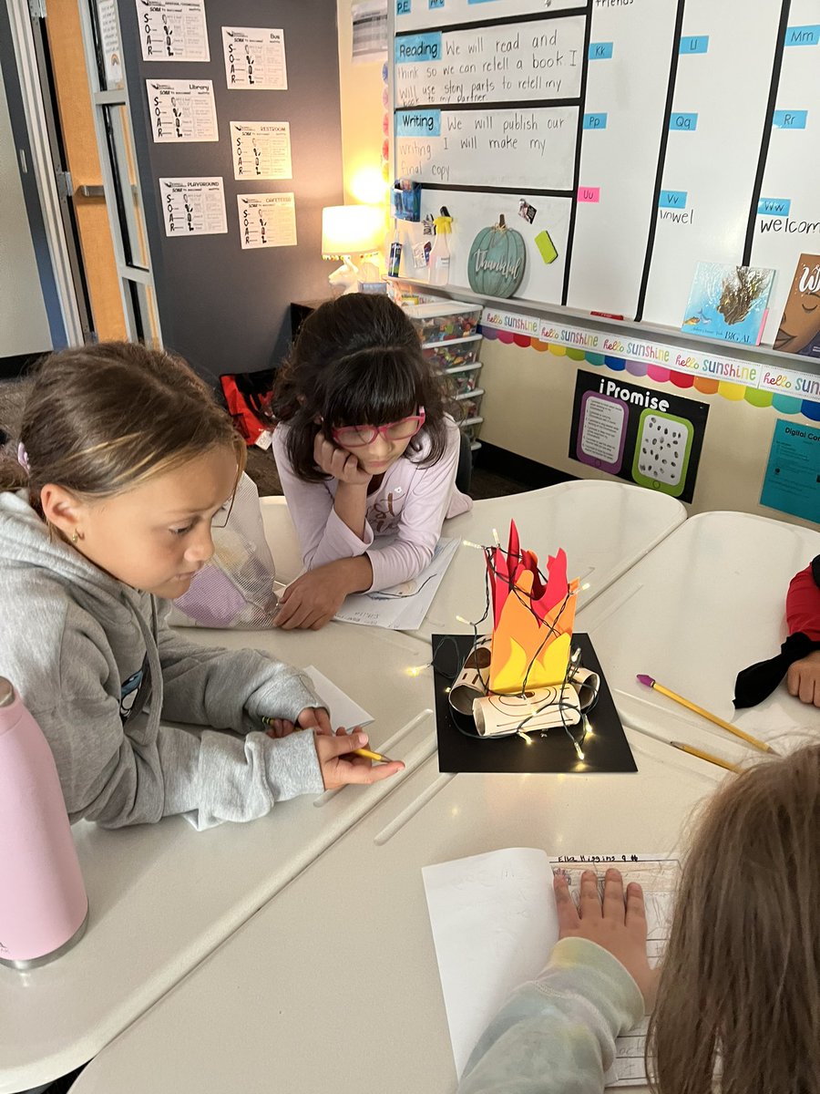 MrsRedner's tweet photo. We had so much fun celebrating our writing at @rennellredhawks with a camp-in! Kids thought it was fun to warm their hands on the tabletop bonfires! 😂🔥😂 #NotTooClose #WeAreRennell https://t.co/oJ0QhQzthD