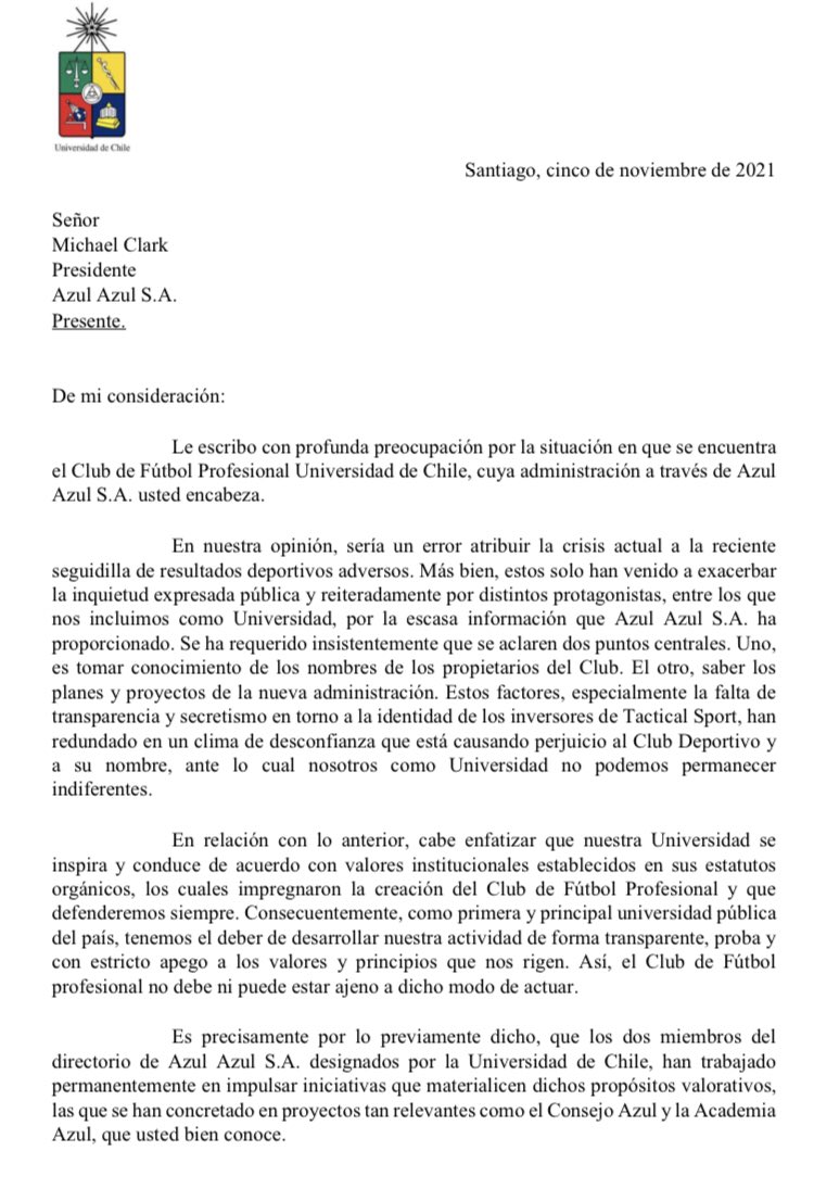 asambleazules's tweet photo. La carta del rector de la Universidad de Chile, don @EnnioVivaldi, a Azul Azul, exigiendo transparencia y proponiendo limitar el porcentaje de propiedad accionaria mediante modificación estatutaria.

Apoyamos al rector en esta exigencia. 🤘🏻 https://t.co/t2Wj3w6h8p