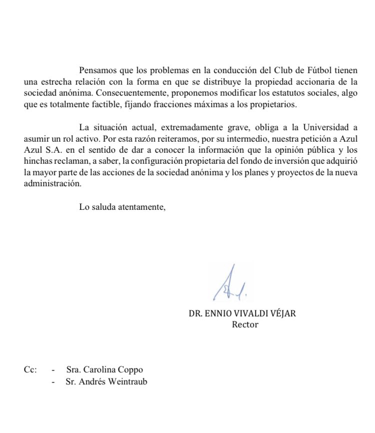 asambleazules's tweet photo. La carta del rector de la Universidad de Chile, don @EnnioVivaldi, a Azul Azul, exigiendo transparencia y proponiendo limitar el porcentaje de propiedad accionaria mediante modificación estatutaria.

Apoyamos al rector en esta exigencia. 🤘🏻 https://t.co/t2Wj3w6h8p