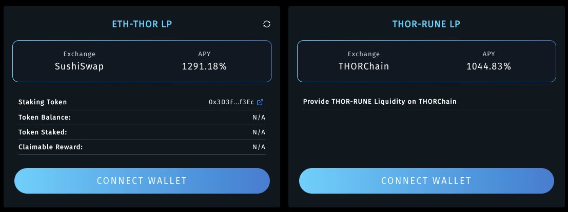 THORSwap's tweet photo. - 1044% APY by providing THOR-RUNE Liquidity on @THORChain
- 1291% APY on THOR-ETH LP on SushiSwap
- 176% APY by single side $THOR staking
Choose your preferred farming pool and earn $THOR rewards. https://t.co/QPkZuqsDDU