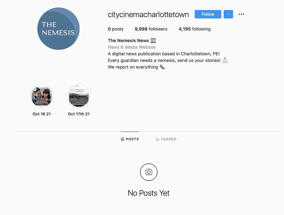 Please be aware that a disgruntled person, who we know, has had City Cinema's Instagram account taken down and is pretending to be them! This CopyCat account (below) calls itself "The Nemesis News" under the account name citycinemacharlottetown.