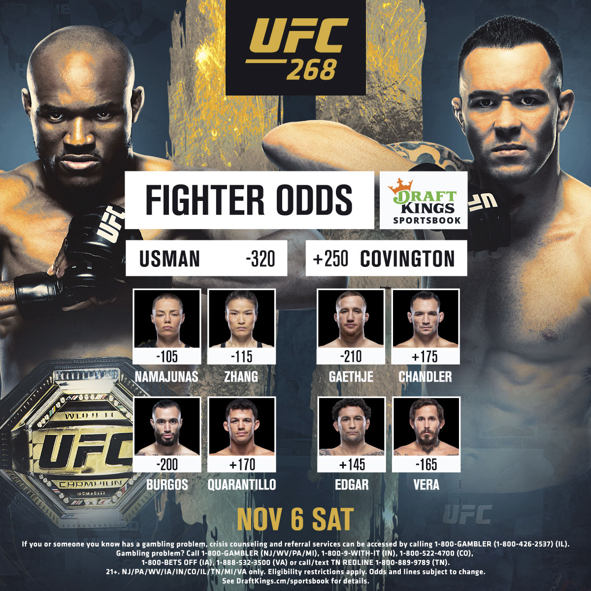 ufc's tweet photo. The odds for tonight are 𝙇𝙄𝙑𝙀 💸

Who are your picks for #UFC268?

[ 🔗 https://t.co/ZohlHObgTy | B2YB @DKSportsbook ] https://t.co/wX2m5ew12W