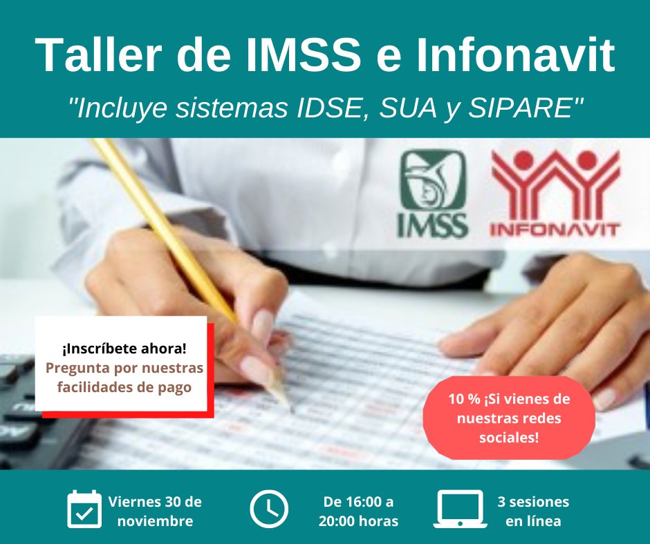 Conocimiento_C's tweet photo. TALLER DE IMSS E INFONAVIT

📧Solo COMENTA ESTA PUBLICACIÓN y te enviaremos los detalles directo a tu inbox  
o MANDANOS UN WHATSAPP:
(55) 34884348 / (55) 30681757
 🎓Conocimiento Compartido > Más de 12 años transformando personas y empresas
🏆 Garantía de Satisfacción https://t.co/oz4x2LDpnl