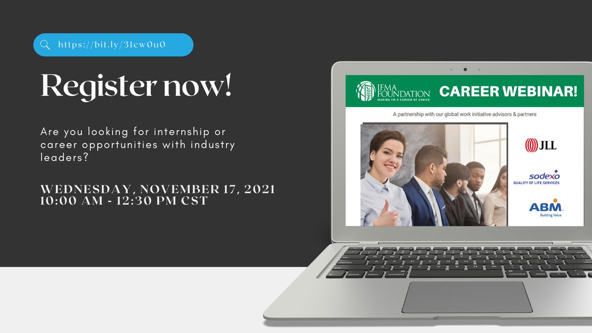 Interested in learning about career opportunities in FM? Join us for our upcoming Career Webinar with IFMA Foundation GWI Advisors JLL, ABM and Sodexo on November 17 at 10:00am CT. Register here bit.ly/31cw0u0 #ifma #jll #ABM #sodexo #careeropportunities