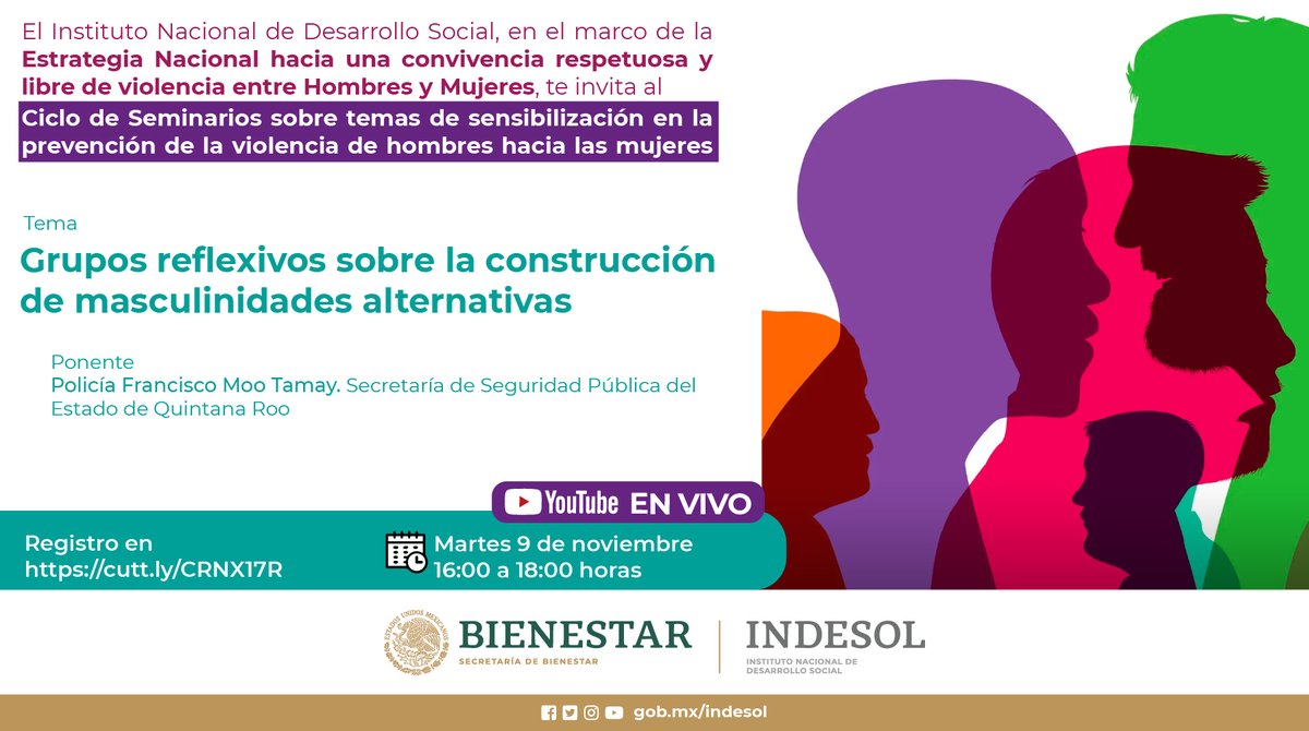 Indesol's tweet photo. Te esperamos en la sesión 5  del Ciclo de Seminarios sobre temas de sensibilización en la prevención de la violencia de hombres hacia las mujeres 2021. @bienestarmx @GobiernoMX 

Martes 9 de noviembre a las 16 horas.

 Regístrate aquí: https://t.co/bYWdGNsFG1 https://t.co/fN0y8vrUFJ