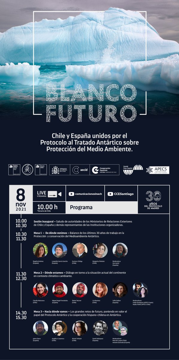 inach_gob's tweet image. El próximo 08/11, con motivo del 30 aniversario del #ProtocolodeMadrid, tendrá lugar #BlancoFuturo encuentro donde se debatirá sobre el pasado, presente y futuro de la Antártica @EmbEspanaChile @CCESantiago @Polar_Research @ApecsChile @inach_gob @CienciaGob @Minrel_Chile