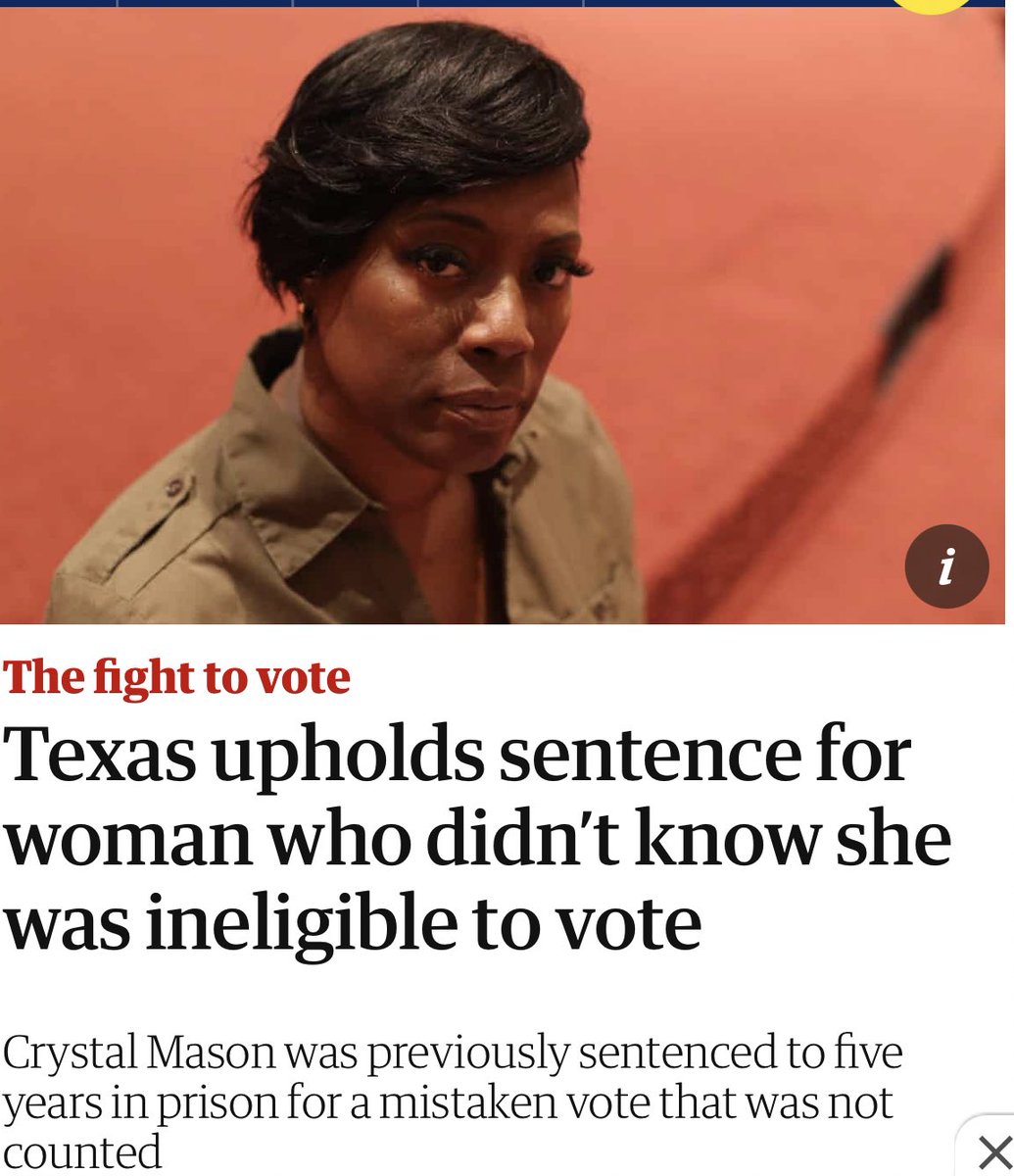 RVAwonk's tweet image. The woman on the left (Crystal Mason) was sentenced to five years in prison for mistakenly trying to vote when she was actually ineligible.

Glenn Youngkin’s son is facing no charges for *twice* trying to vote despite clearly being too young to vote.