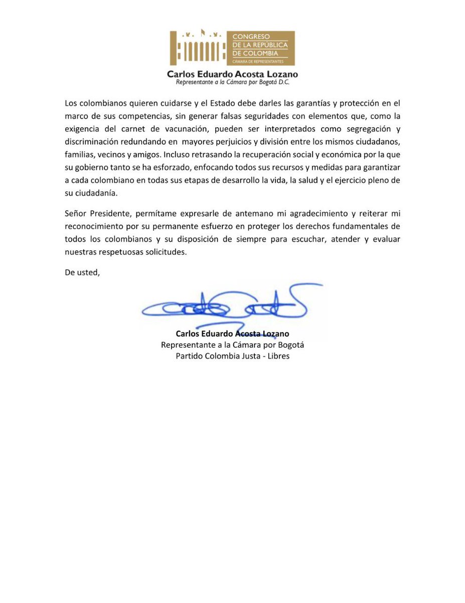 Una solicitud respetuosa al Sr. Presidente <a href="/IvanDuque/">Iván Duque 🇨🇴</a> en defensa de la #Libertad y autonomía de las personas. La vacunación obligatoria es inconstitucional. Nadie puede ser obligado ni constreñido para recibir sustancias o medicamentos contra su voluntad. <a href="/ColJustaLibres/">Colombia Justa Libres</a>