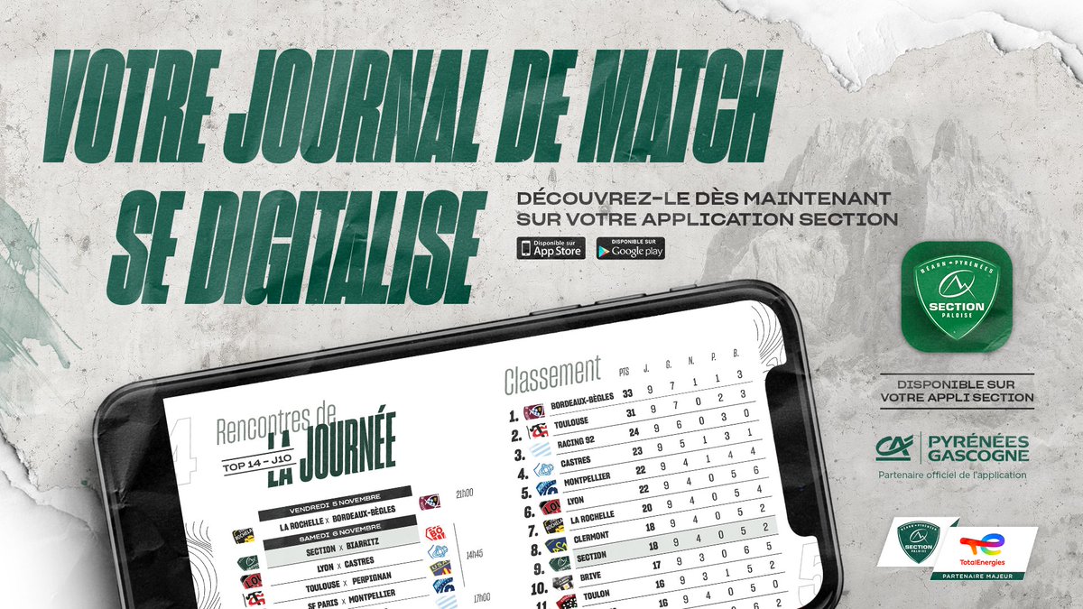 SectionPaloise's tweet photo. 🗞Votre journal de match digital est disponible sur l'application Section ou en cliquant ici 👉 https://t.co/AwgqSImhKZ

👀 L'interview 100% rugby de Thibaut Hamonou, les compositions, l'avant-match en stats, lumière sur Andrew Jones (analyste vidéo), le point sur les jeunes... https://t.co/VI9Usx0K9C