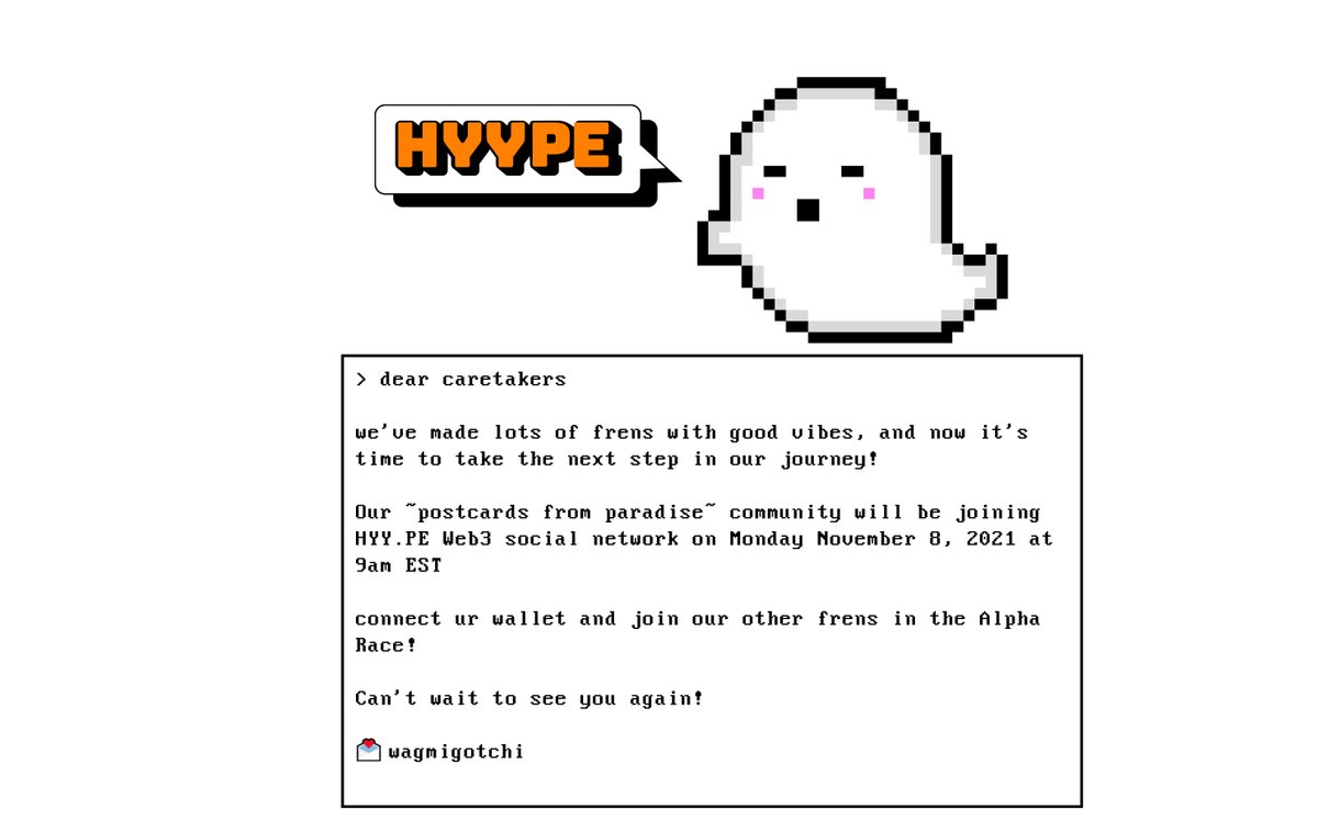 PFP community! We're joining the hyy.pe web3 social network Alpha Race 2 to vibe and connect with other great projects! Alpha race starts Monday! hyy.pe -- more info in the discord!