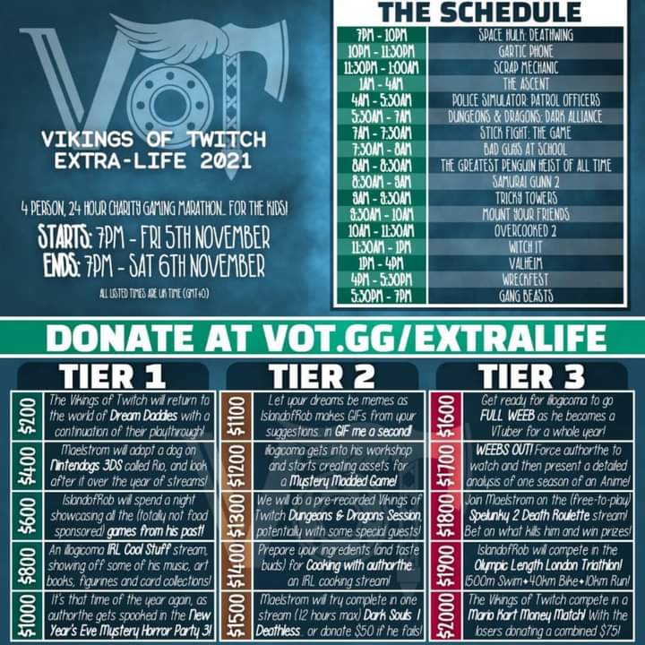 SSwearwords's tweet photo. @IslandofRob is back with members of the Vikings of Twitch for a 24 Hour Xtralife Stream 😊

The Extra life Charity is glorious and we will work hard to entertain you to raise money for sick kids, donate at the following link https://t.co/thv4jRpEQp Thank you for your support! https://t.co/v0OeYYBCnJ
