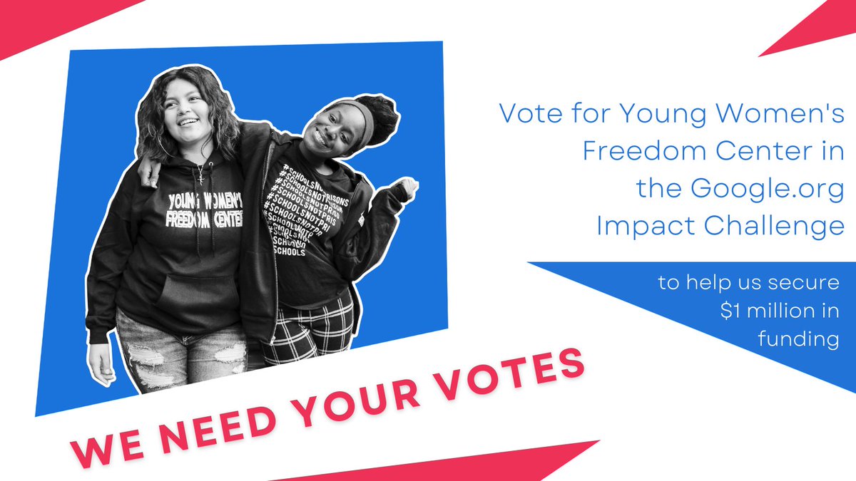 YoungWomenFree's tweet image. Please take a moment to vote for us in @GoogleOrg’s #GoogleOrgImpactChallenge! We&apos;re up for $1 million in funding to help end the incarceration of young women in #SantaClara County by investing in the leadership and power of impacted young people. g.co/BayAreaChallen…