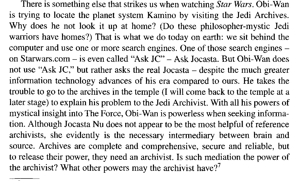 DAPopowski's tweet photo. "Although Jocasta Nu does not appear to be the most helpful of reference archivists..." #JediArchives commentary | Eric Ketelaar - Archival Temples, Archival Prisons: Modes of Power and Protection | #archiveshomework https://t.co/NksJkcYFyT