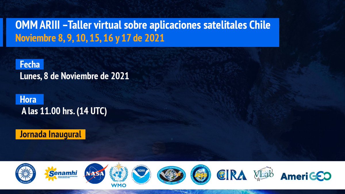 meteochile_dmc's tweet photo. 🛰️ @meteochile invita al Taller Internacional de Aplicaciones Satelitales Chile #ARIII, para América del Sur @WMO
🗓️ Días 8, 9, 10, 15, 16 y 17 de noviembre
Transmisión online
➡️ Youtube @DGACChile
➡️ Face /meteochiledmc
https://t.co/7XoTvyUskM
@Senamhiperu @NOAA @AmeriGEO https://t.co/6QRuSOO5Gk