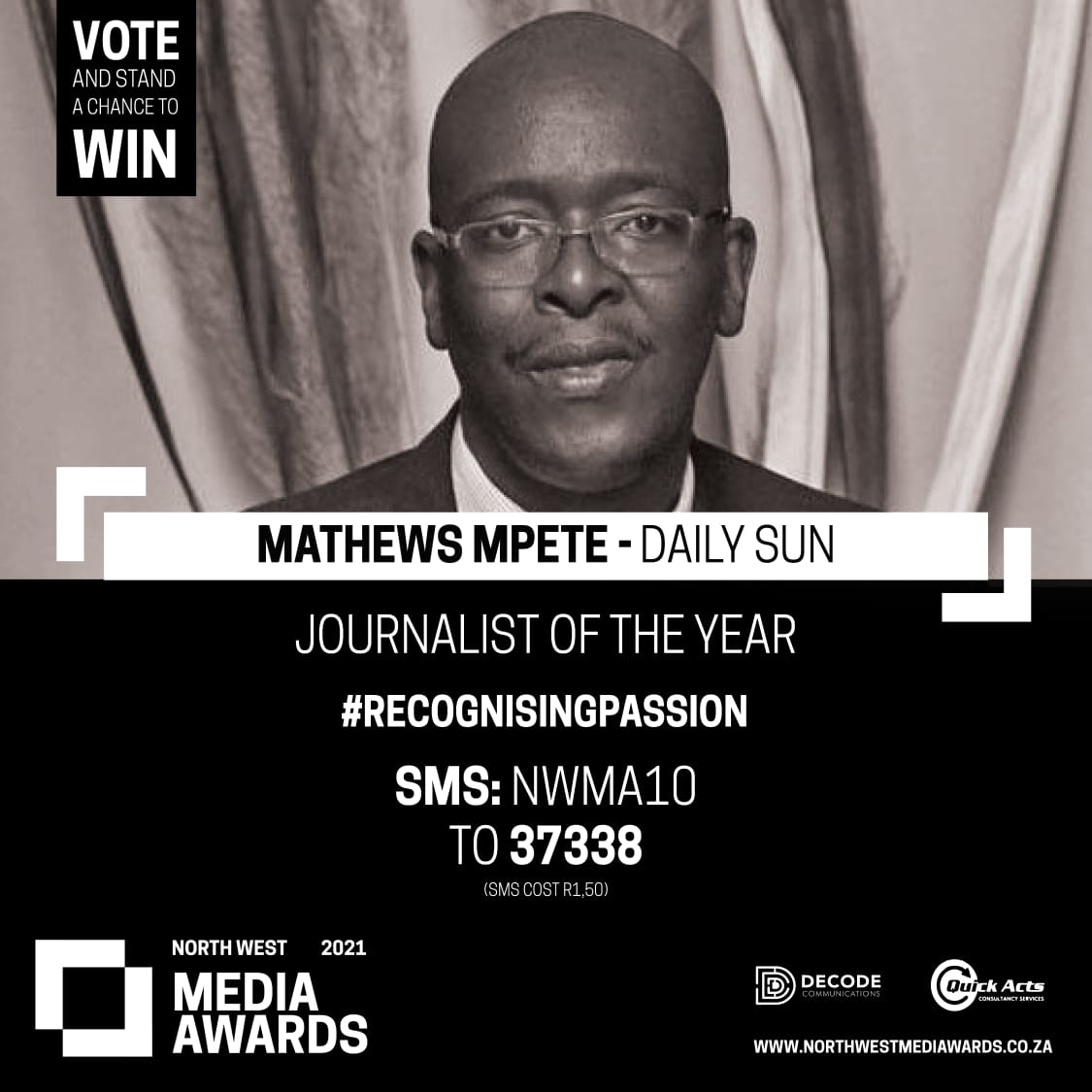 MathewsMpete's tweet photo. Here we go folks, if you believe I deserve this award, SMS NWMA10 to 37338. Vote as many times as your phone can handle it. 
Let's rally behind the North West Media Awards. @motswedingfm
Here's my love to you😊😊 @dailysunsa @SunSportSA #NWMA10 https://t.co/PVW8SqinbR