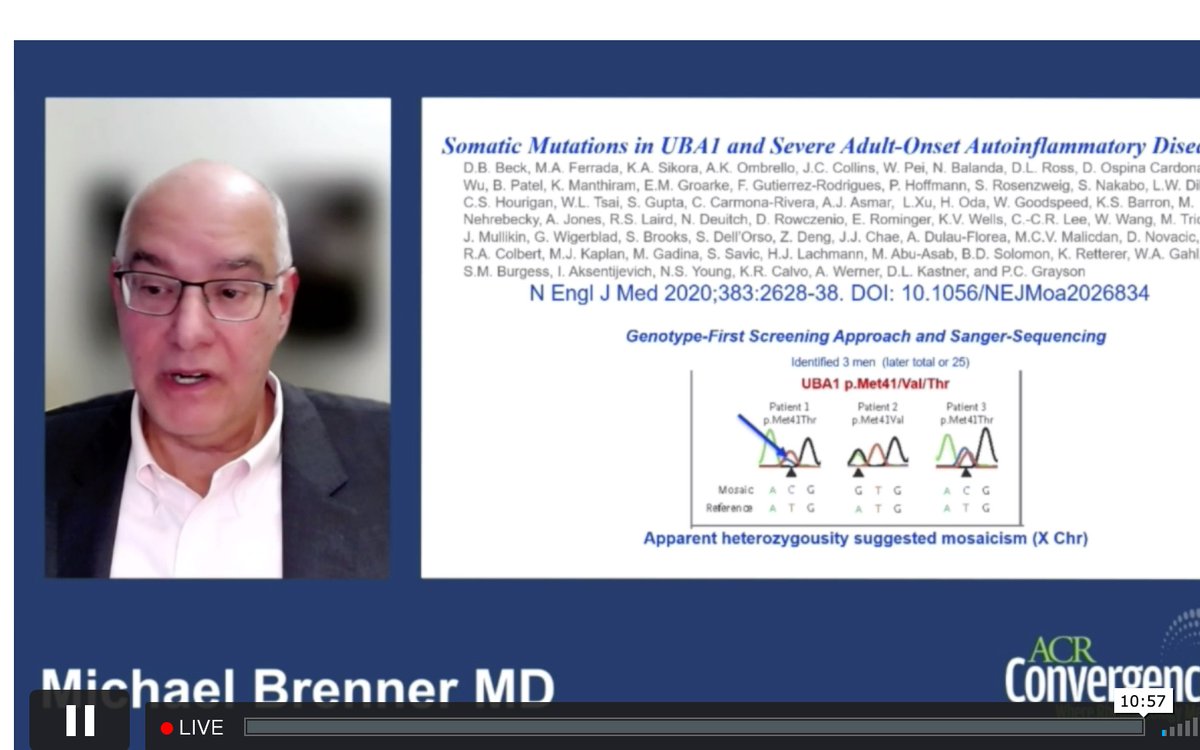 LauraLewMad11's tweet photo. #ACR21 Year in Review
#VEXAS!!!!!!!!!!!!!!
🧬🧬Somatic mutation➡️autoinflammatory disease⚡️⚡️
#genotypefirst
Way to go @petercgrayson @maferradastrong @AmandaOmbrello and team!!! https://t.co/UtQpfCeCpD