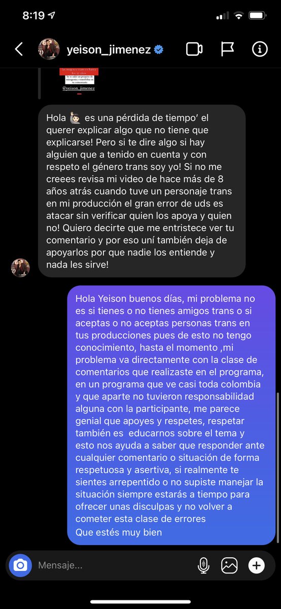 girogirasol's tweet photo. Esta fue la respuesta de el cantante yeison Jimenez luego de mi publicación sobre su comentario transfobico en el programa yo me llamo. https://t.co/3WgPqwxz2J