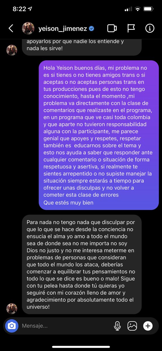 girogirasol's tweet photo. Esta fue la respuesta de el cantante yeison Jimenez luego de mi publicación sobre su comentario transfobico en el programa yo me llamo. https://t.co/3WgPqwxz2J