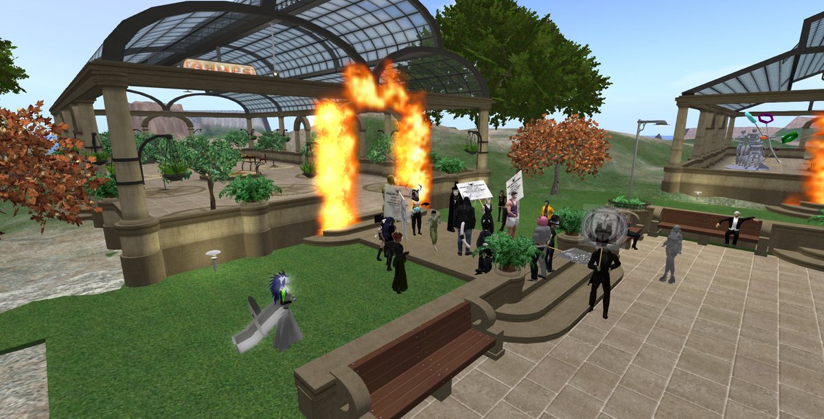 Someone Set the Pavilions on fire to make it look like a real protest. Virtual #MillionMaskMarch2021  #Anonymous #Nov5th #SecondLife