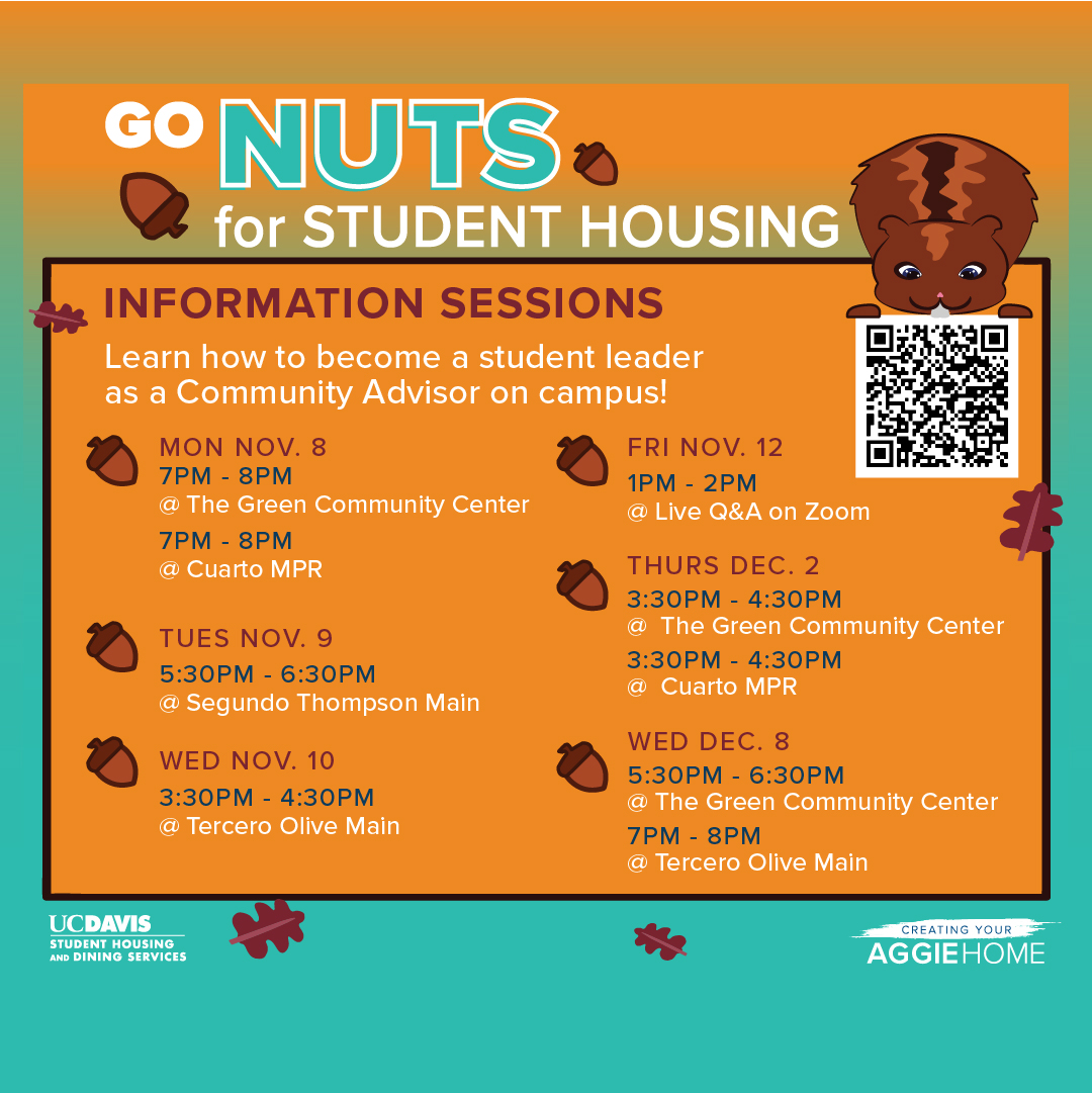 Hey there Aggie Leaders! Interested in being a Community Advisor (CA)? Applications are now LIVE!

CAs help foster the growth of a healthy community so the residence hall is a place where #New2UCDavis Aggies feel a sense of belonging.

Apply at bit.ly/UCDHousing-CA-…