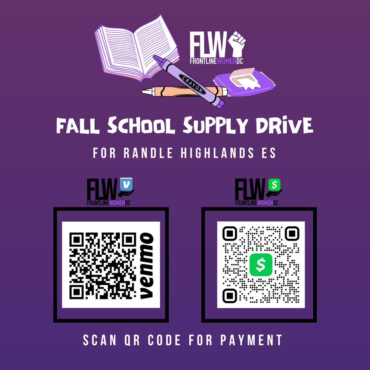 Can't make it to Tuesday's drive? 

Consider donating via CashApp or Venmo to support Randle Highlands ES! 💜🖤🤎

Click here to directly donate: linktr.ee/frontlinewomen….