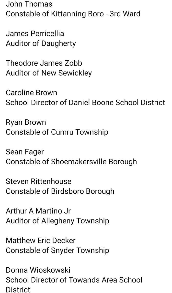 RealSpikeCohen's tweet photo. Here is the full* list of Libertarians who were newly elected to office in Pennsylvania alone.

This doesn't include those who were re-elected.

* write-in votes are still being counted, and we expect some more Libertarians to be elected https://t.co/LGHRVaerm5