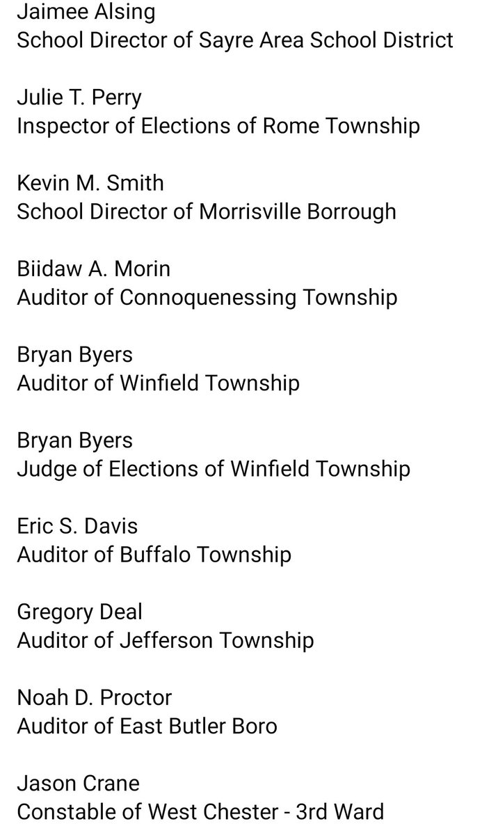 RealSpikeCohen's tweet photo. Here is the full* list of Libertarians who were newly elected to office in Pennsylvania alone.

This doesn't include those who were re-elected.

* write-in votes are still being counted, and we expect some more Libertarians to be elected https://t.co/LGHRVaerm5
