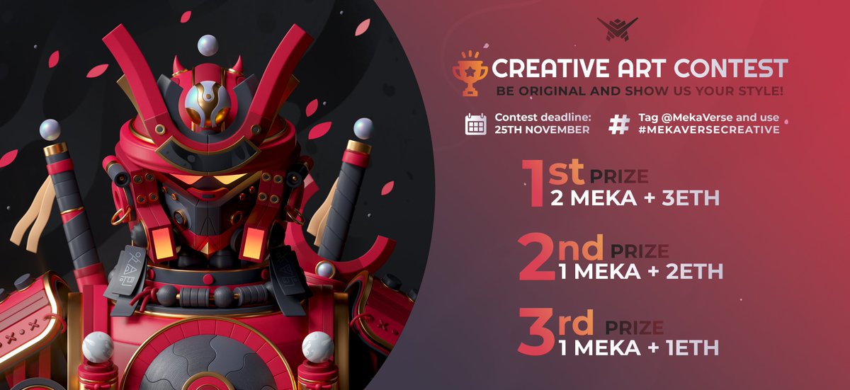 ✨ MEKAVERSE CREATIVE ART CONTEST ✨
Create your own Meka in 2D, 3D, sketches, real life, and more! 🖌️🎨 

🎁 PRIZES 🎁
1st - 2 Meka + 3ETH 
2nd - 1 MEKA + 2ETH
3rd - 1 MEKA + 1 ETH 

Use the hashtag #MEKAVERSECREATIVE and tag <a href="/MekaVerse/">MekaVerse</a> 🌐

Deadline is November 25th, 12PM CET ⏰
