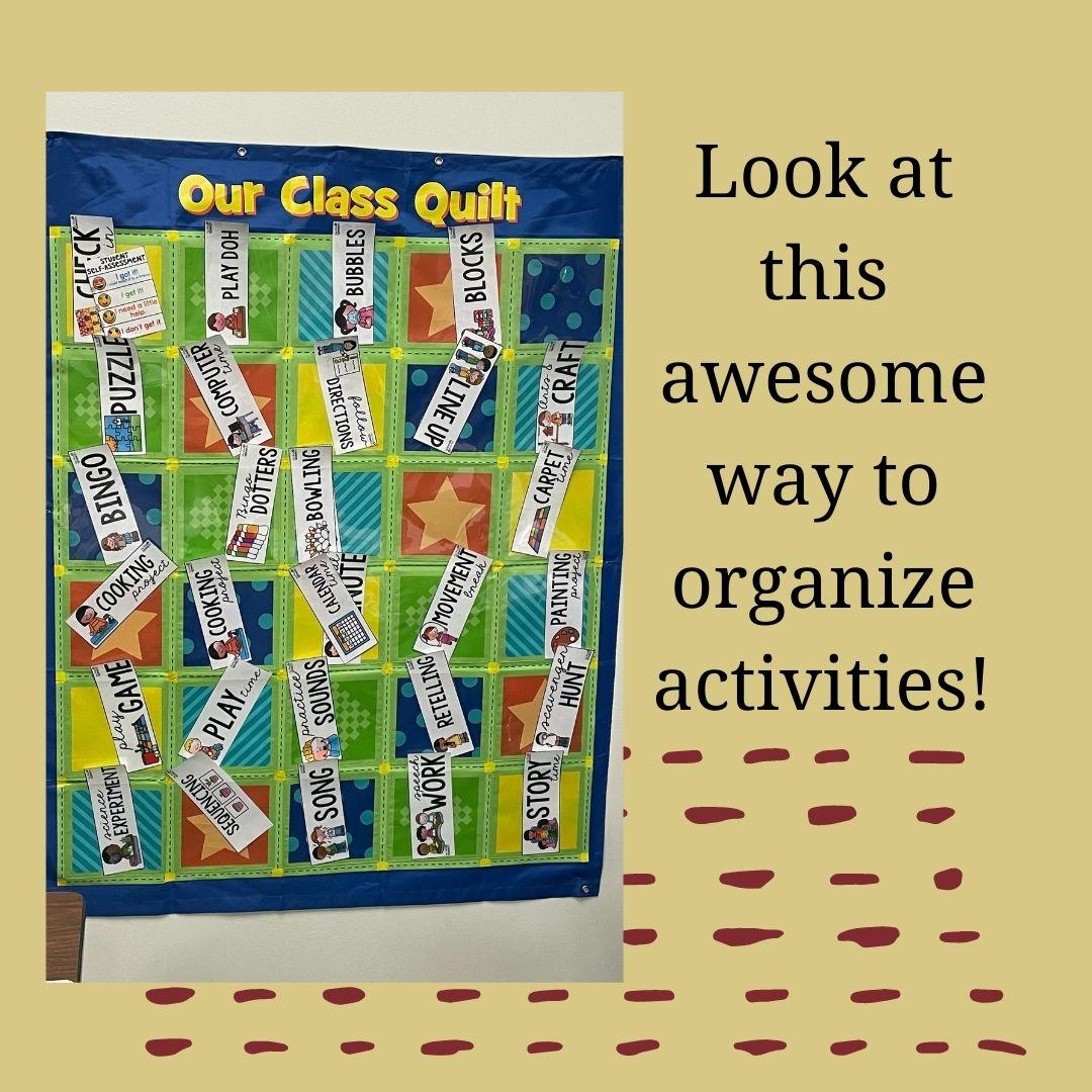 AutismCenterOK's tweet photo. At one of our school consultations, we came across this awesome "Class Quilt".  Great way to organize and display the different activities available to the students! https://t.co/seAHlGonbN