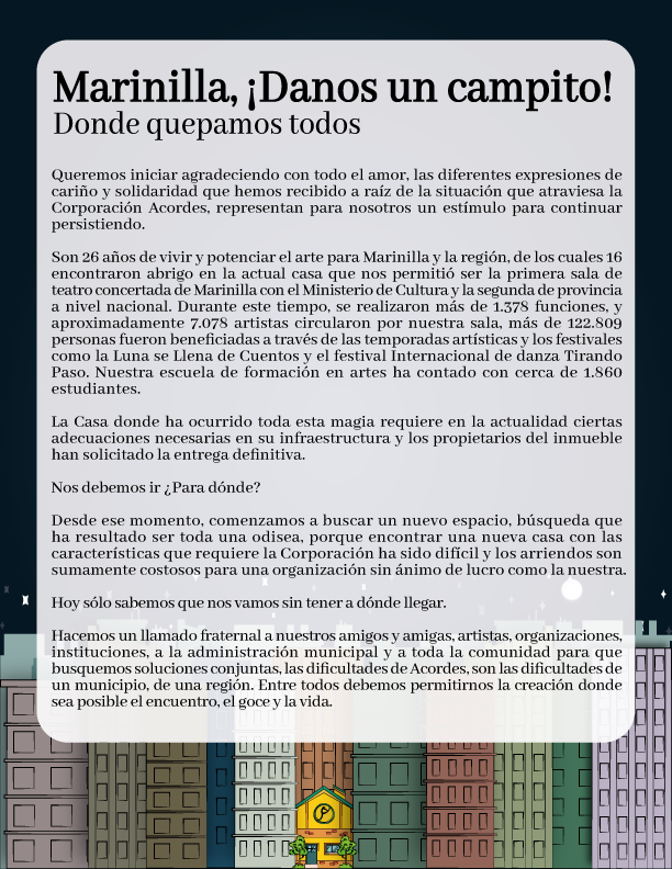 Marinilla es llamada popularmente como ciudad con alma cultural. Lo cierto es que el 1 de diciembre despertará con una sala de teatro, una escuela artística y una galería de artes menos.

#CasaAcordes #FuerzaAcordes #Lodimostodo #CulturaAntioquia #OrienteAntioqueno