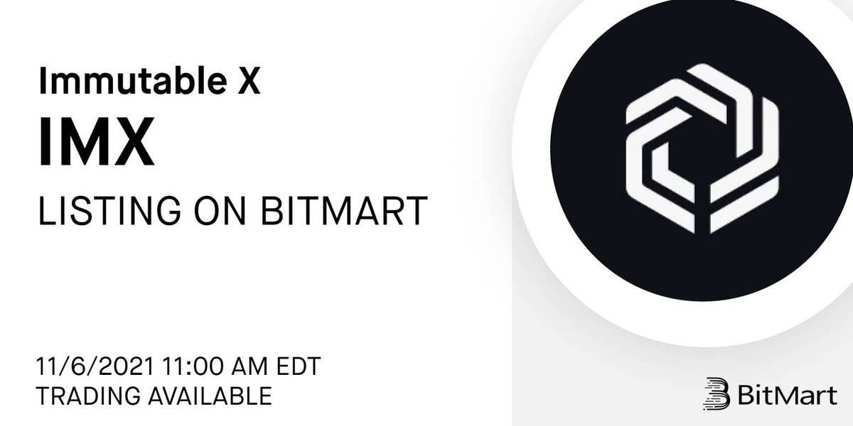 🥳 #BitMart will list Immutable X (IMX). <a href="/Immutable/">Immutable</a> is Ethereum’s first zero-knowledge rollup scaling protocol for gas-free NFT minting and trading.

🔹Deposit is available at 9 AM, Nov 6 EDT
🔹IMX/USDT begins trading at 11 AM, 11/6 EDT
👉Details: support.bmx.fund/hc/en-us/artic…
