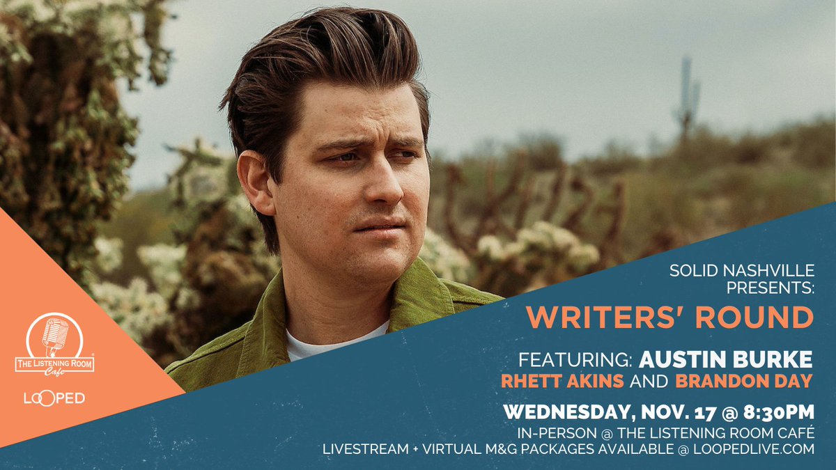 solidmusicmkt's tweet photo. We’re hosting a writers’ round with @AUSTINPBURKE and hit songwriters Rhett Akins and Brandon Day! Join us in-person at The Listening Room Café or virtually on @loopedlive! We also have a limited amount of virtual m&amp;g with Austin! Tickets available now: https://t.co/xcOL5IEIrh https://t.co/xT5GH7PGeD