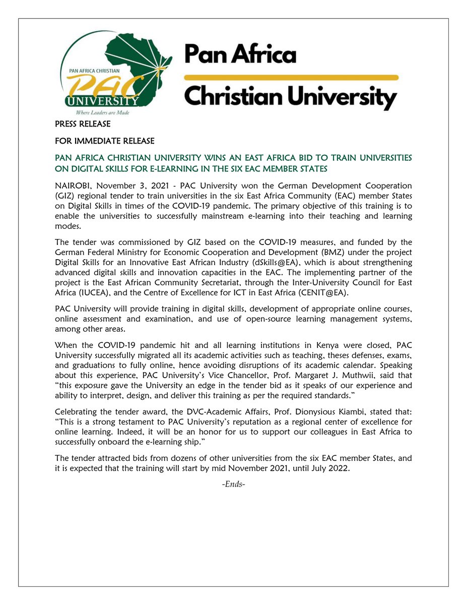 GREAT NEWS!
We won the GIZ regional tender to train universities in the six East Africa Community (EAC) Member States on digital skills for e-learning. See details on the Press Release below.