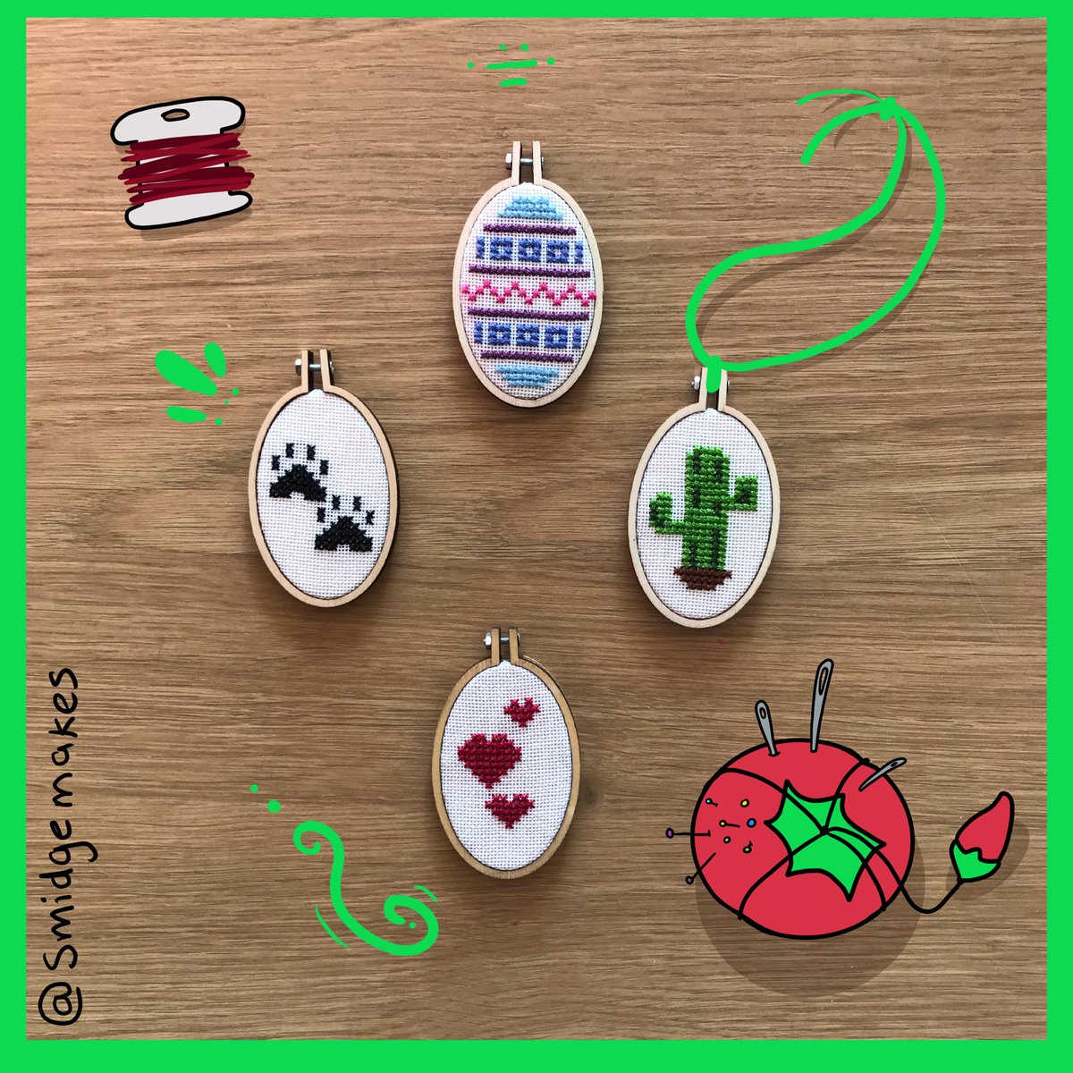 SmidgeMakes's tweet photo. Happy #colour_collective Friday! How has your week gone? These are cross stitched pendants I’ve made Christmas presents. Designs are by me! #art #handmade #crossstitch https://t.co/su1BK6dWT5