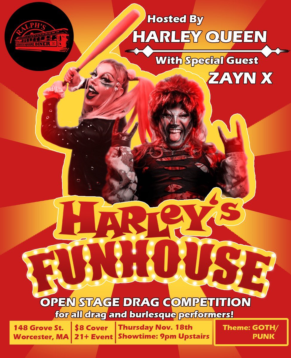 We’re adding a monthly drag night with paid performers and an open stage competition! Winner gets a paid booking for the next show. It’s called Harley’s Funhouse and it’s hosted by Harley Queen and it’s gunna be fuuuuun. First one Nov. 18!!