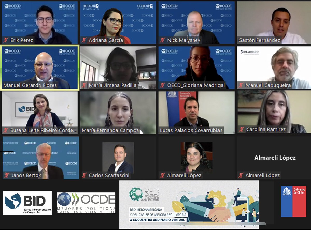 OCDE_RLAC's tweet photo. 🎯 #MejoraRegulatoria y su contribución a afrontar retos de las innovaciones y digitalización: 10o encuentro @REDiberoamer, incluyó
✅ 4 conferencistas
✅ Participantes de 14 países
La red es coordinada por @subrei_chile con apoyo de #OCDE y @el_BID 
Link con grabación pronto! https://t.co/ZfPeTFJpfC
