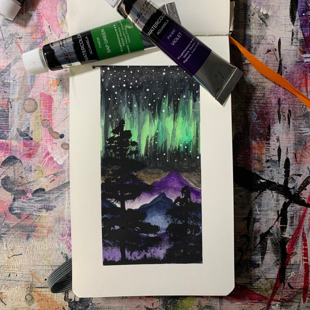 LunarLeoArt's tweet photo. I felt inspired by my google chrome today 😅 showing my the northern lights and making me want to create 😂 not my best but I love the colors 😊
#northernlights #watercolor #watercolorchallenge #watercolorpainting #watercolorlandscape #artforbreakfast https://t.co/dt4J0DvxsF