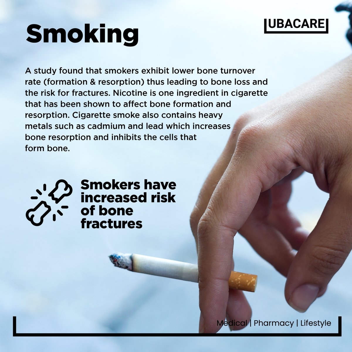 ubacareofficial's tweet photo. Did you know that smoking increases your chances of bone fractures? 😱

#smoking #health #ubacare #hygiene #bones #cigarettes #themoreyouknow https://t.co/GJQdGZKmfx