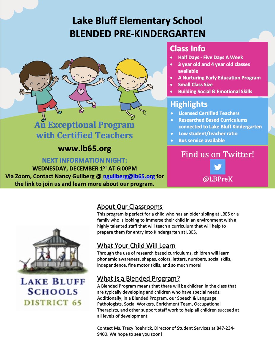 Join <a href="/LBPreK/">LB Pre-K</a> for the Blended Pre-Kindergarten Information Night
Wednesday, December 1 at 6:00 p.m.  
Contact Nancy Gullberg at ngullberg@lb65.org to get the Zoom link to join the event.