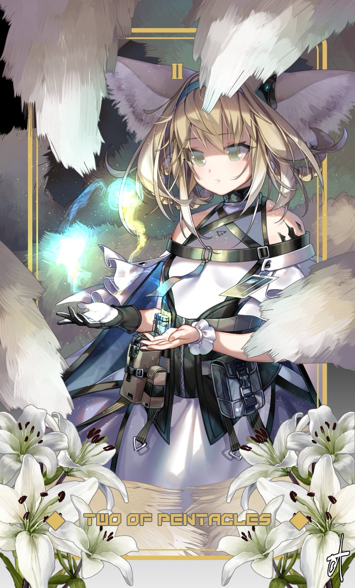 mochimewsu's tweet photo. My contribution for the Arknights tarot cards, I was able to draw Suzuran as Two of Pentacles @arknightstarot Thank you for the opportunity!  If you are interested in purchasing a deck, please do so now while they are available! + ( Cards are GOLD foiled ) https://t.co/GlY5MEygYH