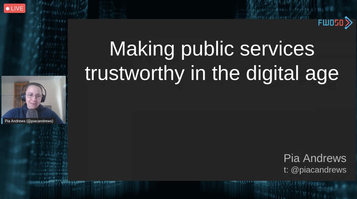 I am closing out <a href="/fwd50conf/">FWD50</a> with a keynote from @piacandrews on the discussion of Making public Services trustworthy in the digital age.

· Traceability &amp; accountability
· Human outcomes
· Machines as users
· Safe &amp; ethically motivated teams

#FWD50
