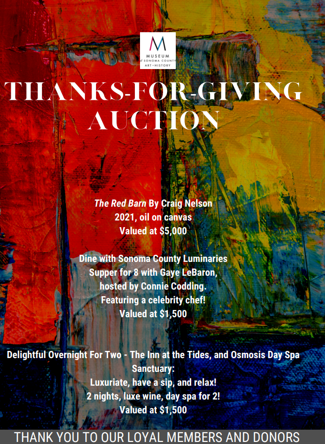 Museum of Sonoma County wants to share our sincere appreciation to our over 1350 Members and 800 Donors!

On 11.06 from 3:30-5:30 PM MSC is throwing a Thanks-for-Giving mini bash for our loyal supporters…

Event information can be found on our website at: museumsc.org/events/?eid=87…