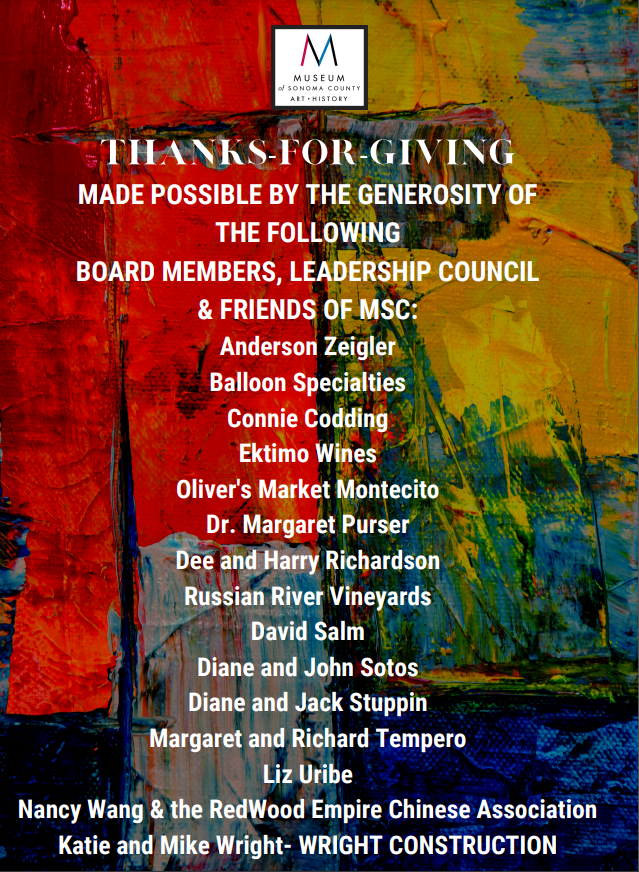MuseumSoCo's tweet photo. Museum of Sonoma County wants to share our sincere appreciation to our over 1350 Members and 800 Donors!

On 11.06 from 3:30-5:30 PM MSC is throwing a Thanks-for-Giving mini bash for our loyal supporters…

Event information can be found on our website at: https://t.co/y6XYGvPxyL https://t.co/DYMPSXqftW